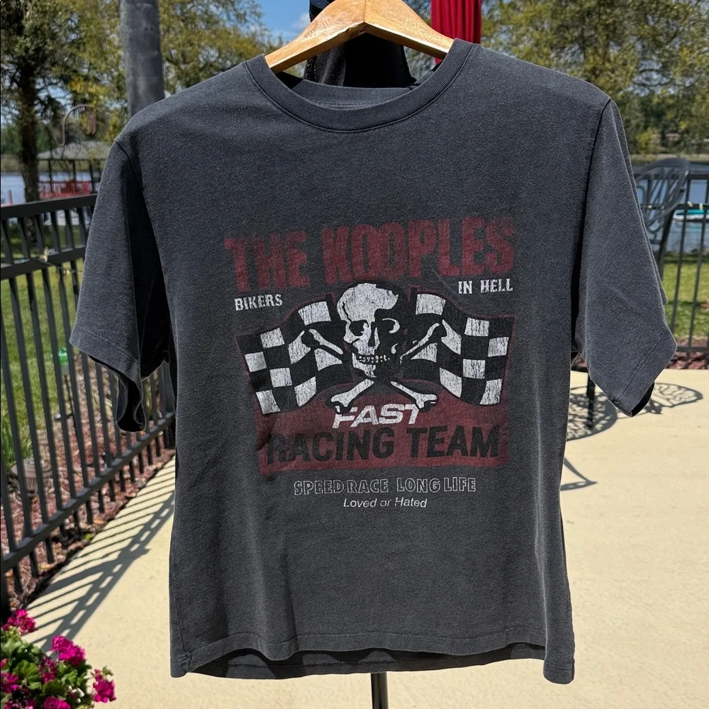 NWT! Retail $125 The Kooples Black Racing Skull Graphic Tee with Checkered Flags - Picture 2 of 5